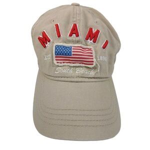 Miami South Beach American Flag Baseball Hat Embroidered Adjustable Khaki RARE!!